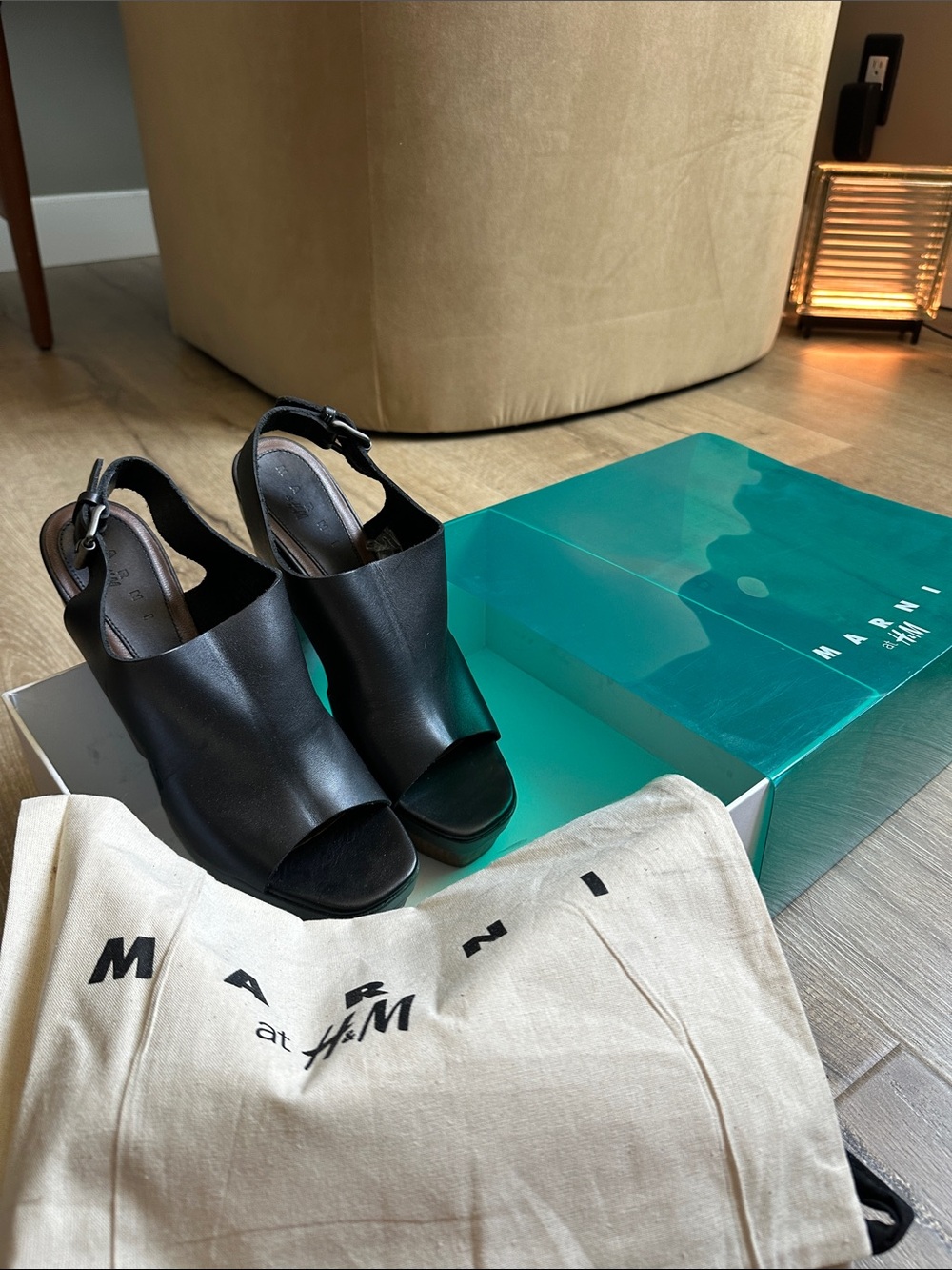 H&M x Marni Black Open-Toe Slingback Wedge Sandals